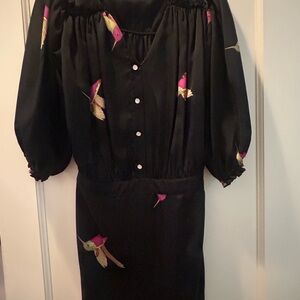 T-bags Los Angeles Black Bird Print hummingbird Mini Dress Button Front | Size S